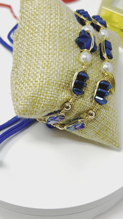 Pearl And Royal Blue Beads Bracelet Set