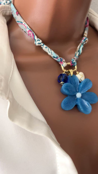 Bandana Flower Charm Necklace, Custom Carabiner Bandana Pendant Necklace, Boho Scarf Necklace, Vintage Charm Necklace, Fabric Pendant Necklace Gift