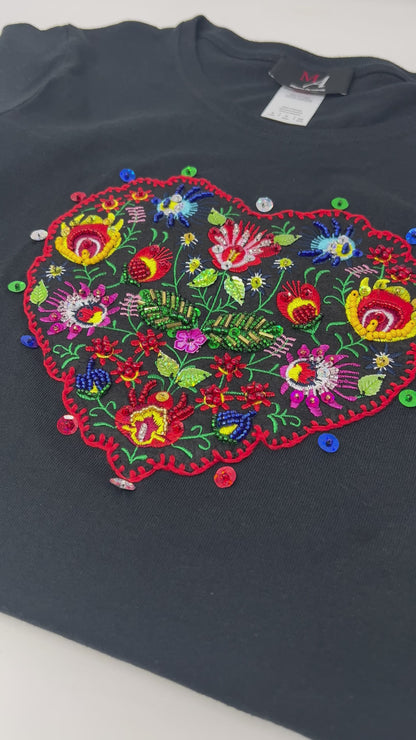 Embroidered Heart Flower Tshirt, Hand Embroidered Applique Tshirt For Women, Mexican Design Tshirt, Funny Summer Tshirt