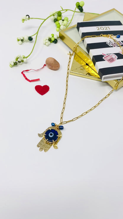 Hamsa Hand Blue Evil Eye Gold Stainless Steel Necklace