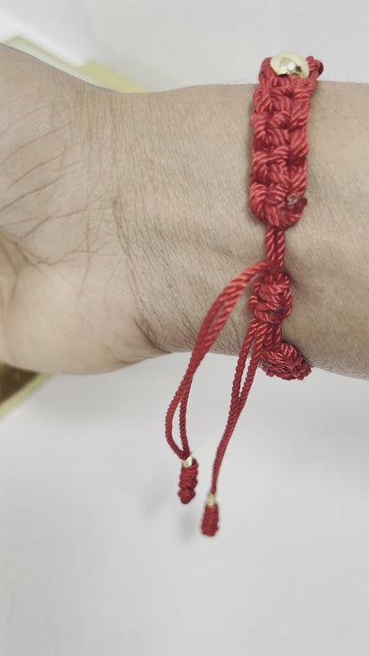 Red heart bracelet with gold plated beads woven macramé