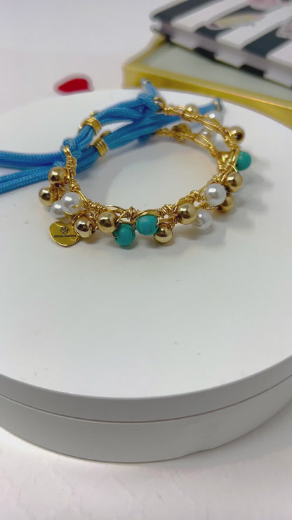 Pearl And Turquoise Beaded Bracelet, Handmade Adjustable Gold Bracelet