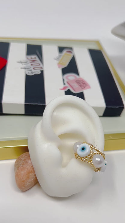 Gold ear cuffs, ear cuff no piercing, evil eye ear cuff earring, Thick ear cuff, handmade embroidery ear cuff, ear cuff lapis, Ring ear cuff