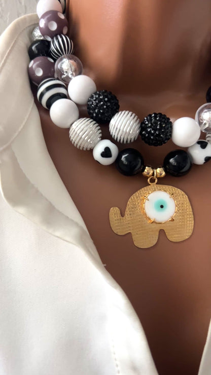 Handmade Layered Beaded Necklace with Gold Plated Elephant Charms – Adjustable Two-Strand Chunky Beads Jewelry