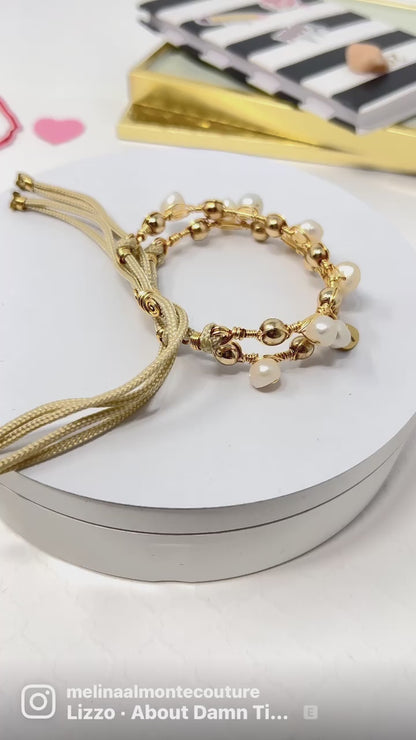 Freshwater Pearl And Hematite Beads Bracelet Set, Handmade Cord Adjustable Gold Bracelet