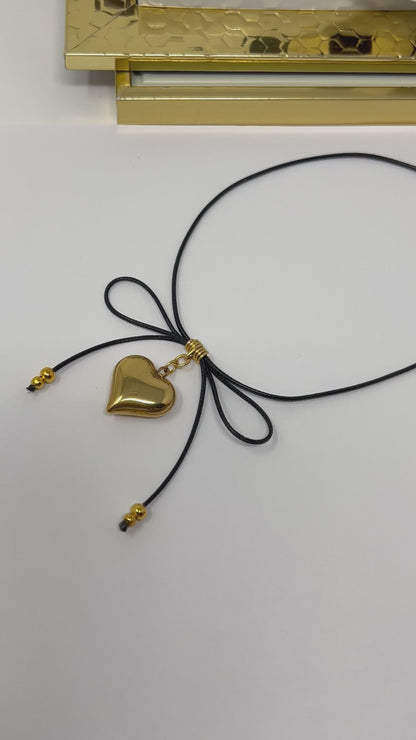 Bow necklace, bow black choker, coquette jewelry, gold plated bow necklace, leather cord necklace gift for her, gift for mom