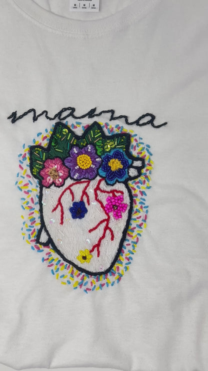 Hand embroidered Mama floral Tshirt, Hand Embroidered heart flower Tshirt For Women, Mexican blouse Design Tshirt, Funny mom shirt, summer