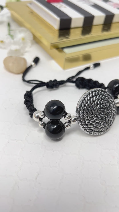 Black Beaded Bracelet With Silver Adjustable  Woven Macrame