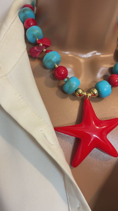 Handmade starfish necklace with resin beads and natural coral