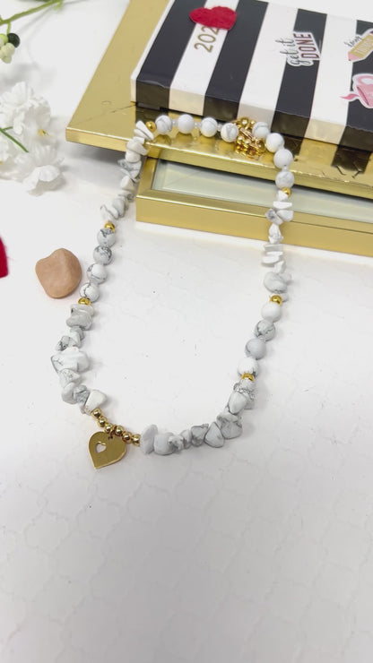 White Bead Necklace And Pendant In Stainless Steel