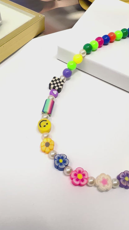Colorful bead flower necklace, polymer clay pendant, happy face, chunky beaded necklace