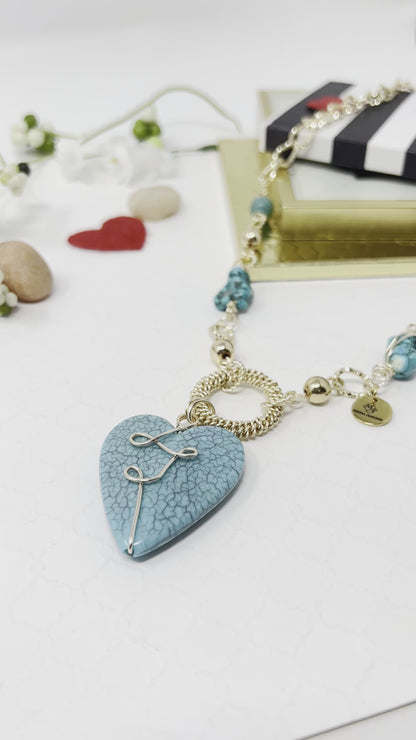 Blue Heart Charm Gold Chain Necklace For Women, Link Chain