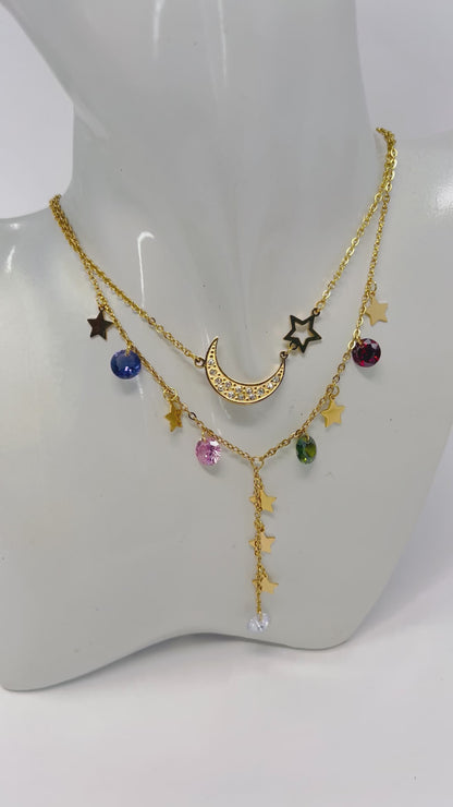 Stainless Steel Necklace Set, Moon Charm Layering Necklace